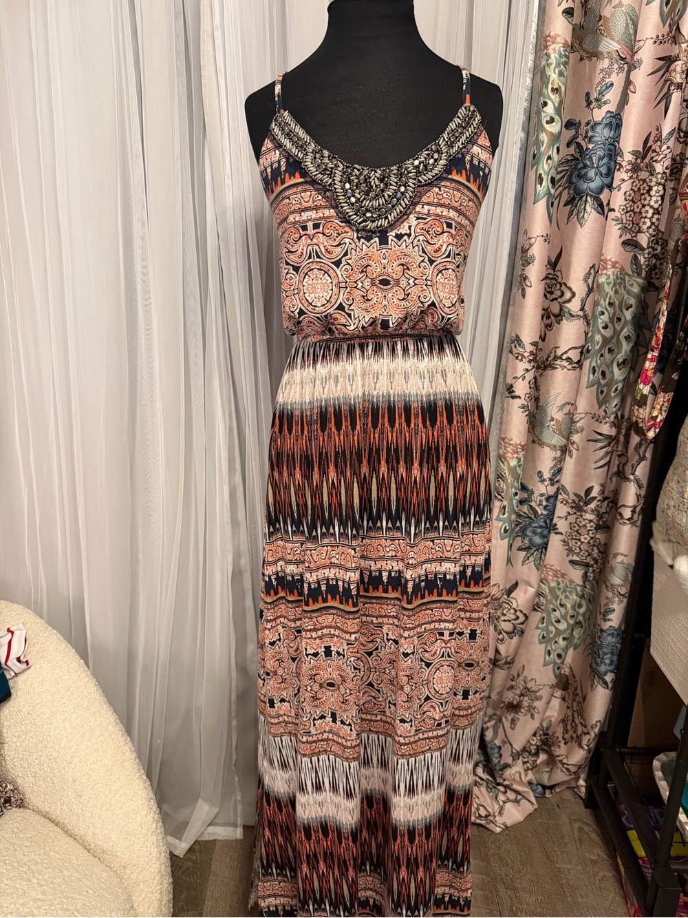 VANITY Embellished Beaded Neckline Boho Geometric Multi Print Maxi Dress M